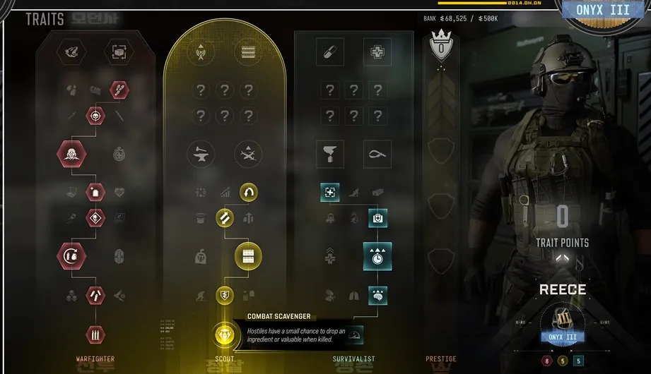 The Traits screen with the Warfighter, Scout and Survivalist trees